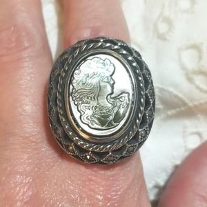 Vtg Mother Of Pearl Marcasite Statement Ring - image 1